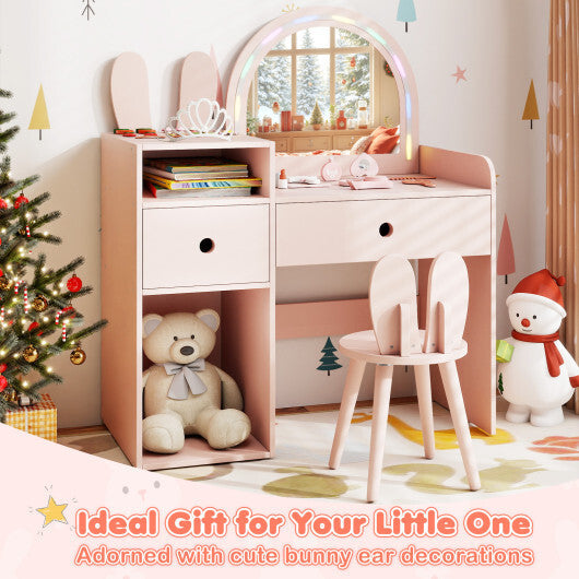 Kids Vanity Desk and Chair Set with Lights  Open Shelves-White