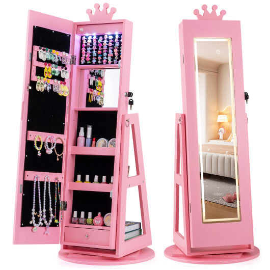 3 In 1 Kids Jewelry Cabinet with 3-Color Lighted Full Length Mirror and Internal Mirror-White