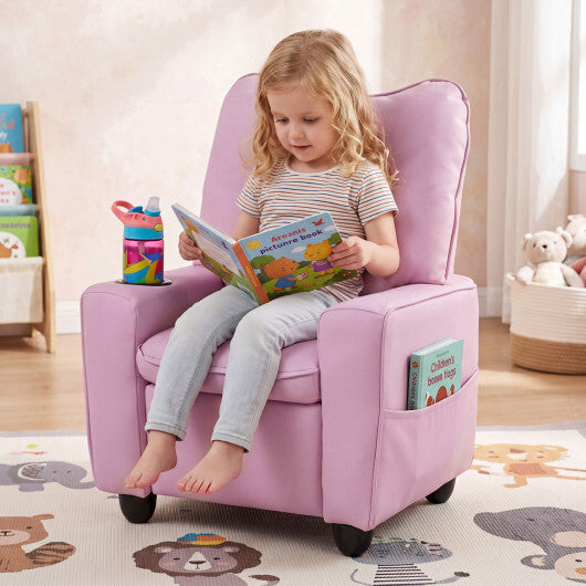 Kids Recliner with Cup Holder Armrests and Adjustable Backrest for Playroom-Pink