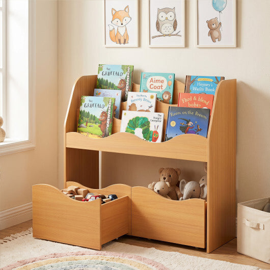 Kids Toy Wooden Storage Organizer with 2 Rolling Drawers for Kids Room-White