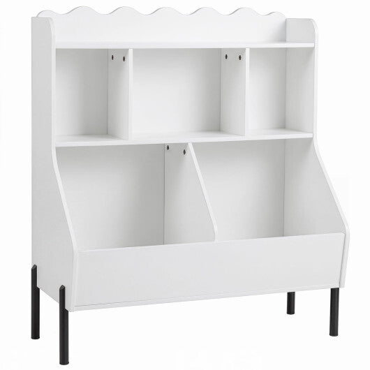 Kids Toy Storage Organizer Wooden Montessori Bookshelf with 5 Storage Cubes-White