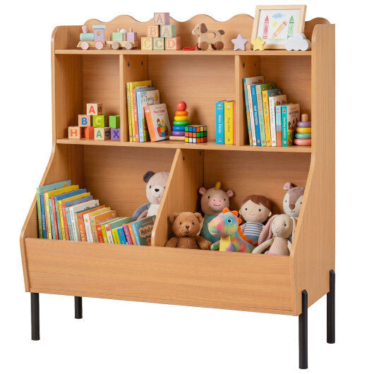 Kids Toy Storage Organizer Wooden Montessori Bookshelf with 5 Storage Cubes-White
