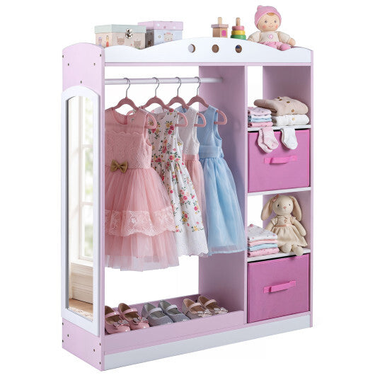 Kids Dress Up Storage with Full Length Mirror and Open Shelves-Pink