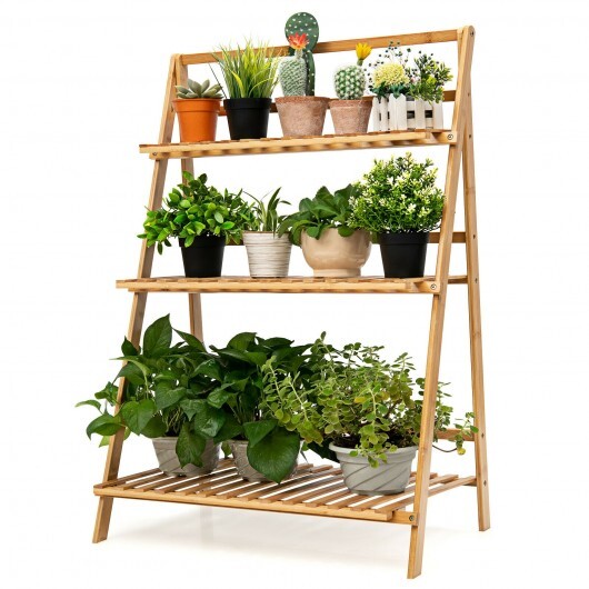 3-Tier Bamboo Foldable Plant Stand with Display Shelf Rack-Natural - Color: Natural