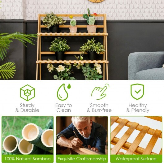 3-Tier Bamboo Foldable Plant Stand with Display Shelf Rack-Natural - Color: Natural