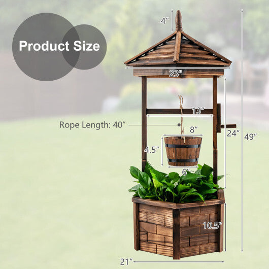 Rustic Wooden Wishing Well with Adjustable Hanging Bucket-Brown - Color: Brown