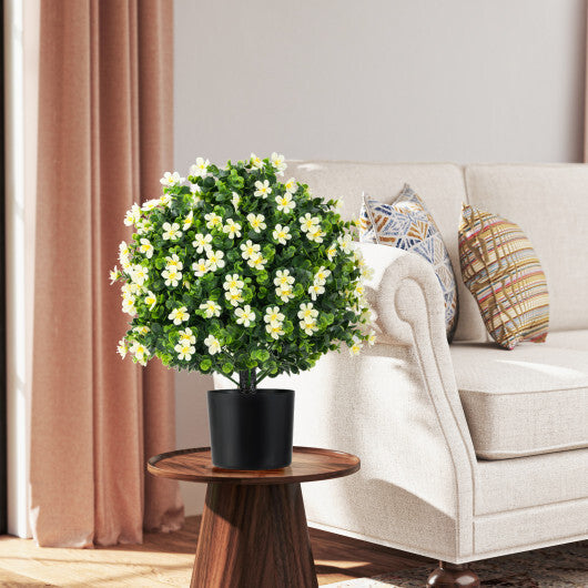 2 Pack Artificial Boxwood Topiary Ball Tree Faux Shrub Bushes with Flowers-White