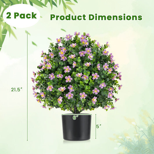 2 Pack Artificial Boxwood Topiary Ball Tree Faux Shrub Bushes with Flowers-White