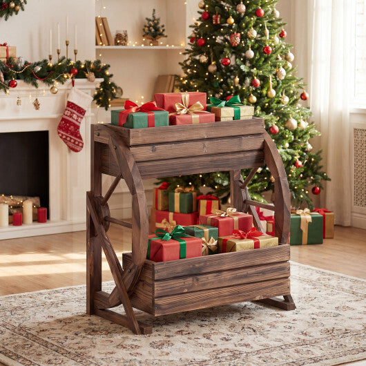 2-tier Raised Garden Bed Rustic Wood Wagon Planter with Drainage Holes and Semi-wheels-Coffee
