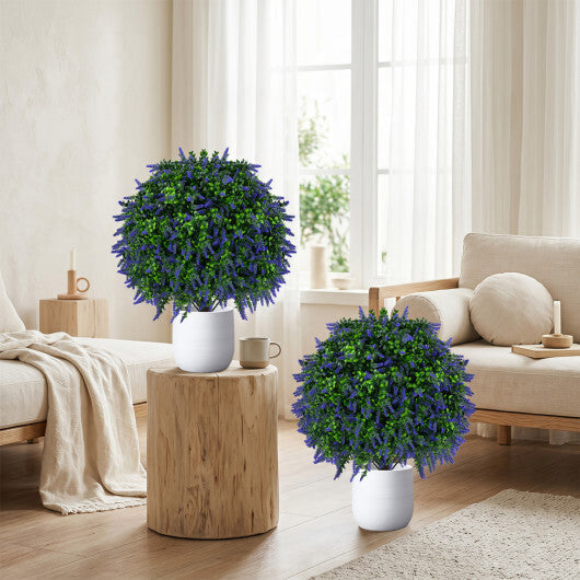 Set of 2 Artificial Lavender Topiary Ball Trees 22 inch Faux Lavender Potted Plants-Purple