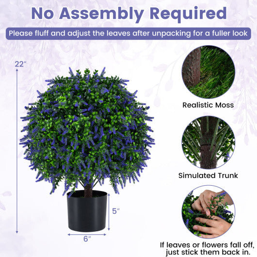 Set of 2 Artificial Lavender Topiary Ball Trees 22 inch Faux Lavender Potted Plants-Purple