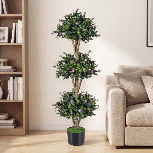 51" Artificial Triple Ball Boxwood Topiary Tree with 59 Blossoms-Purple