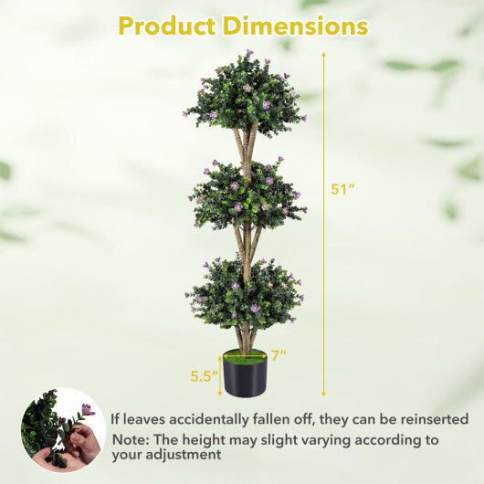 51" Artificial Triple Ball Boxwood Topiary Tree with 59 Blossoms-Purple