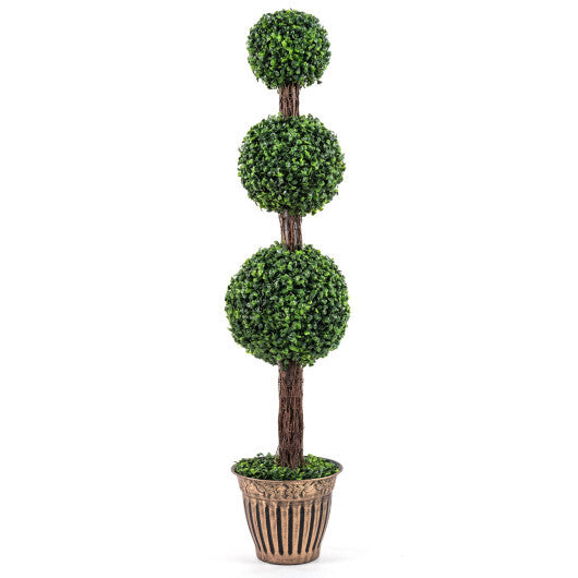 4 FT Artificial Triple Ball Boxwood Tree with Cement-filled Retro Planter-Green
