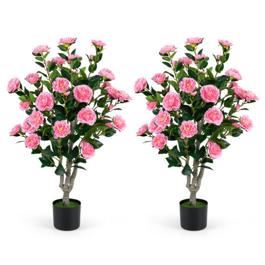 Set of 2 39.5" Artificial Camellia Tree with Orange Blossoms in Cement Pot for Decoration-Pink