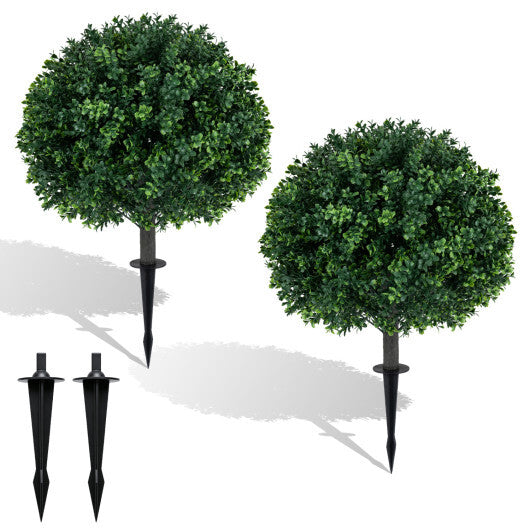27" Artificial Boxwood Topiary Trees Set of 2 with Ground Spikes for Porch Patio