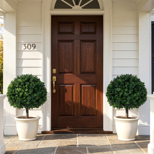 27" Artificial Boxwood Topiary Trees Set of 2 with Ground Spikes for Porch Patio