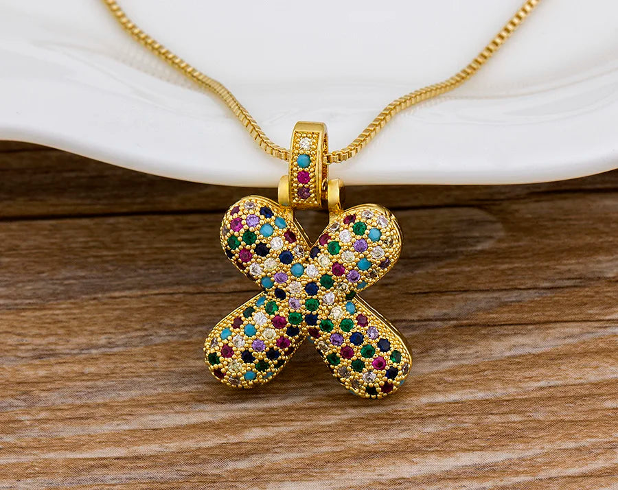 Nidin Fashion Luxury 26 Letters Copper Zircon Pendant Necklace for Women Rainbow Initials Name Necklace Wedding Party Jewelry