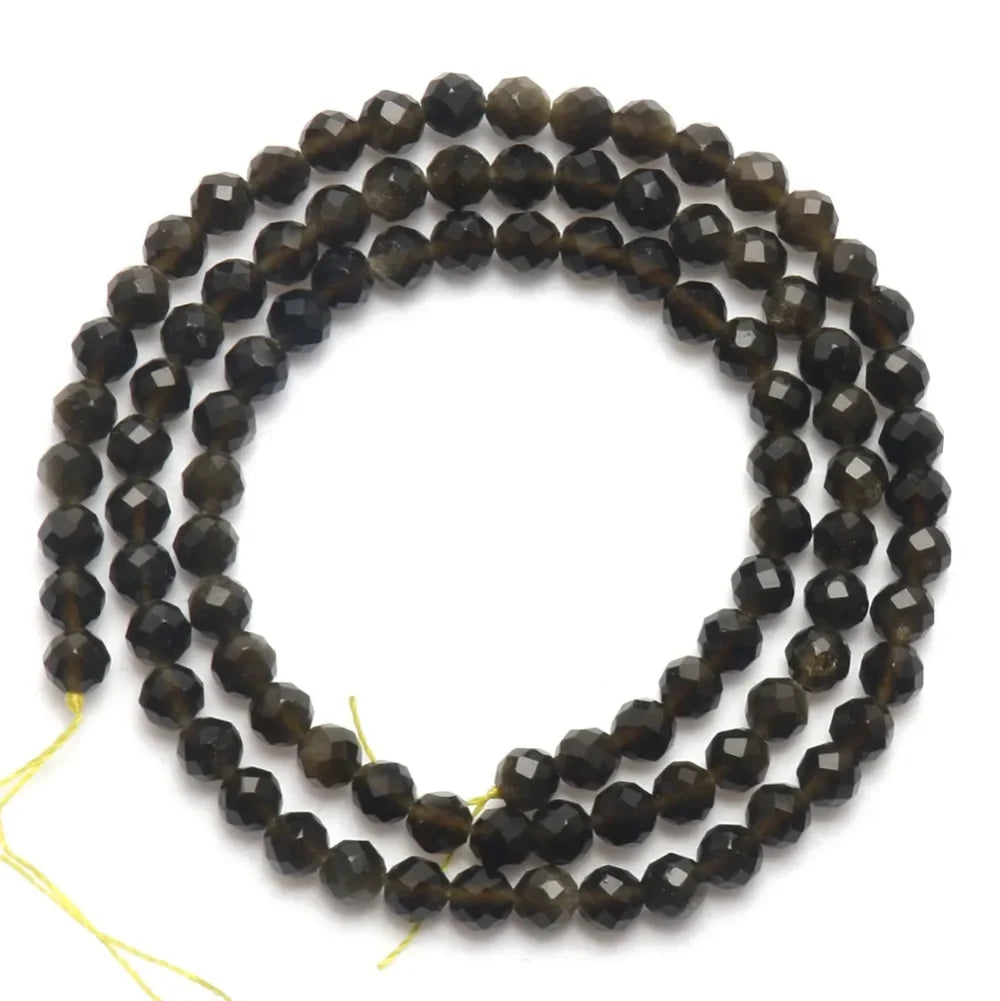 Natural Black Obsidian Stone 2/3/4mm Faceted Loose Round Mineral Beads for Jewelry Making DIY Christmas Gift Bracelets 15inch