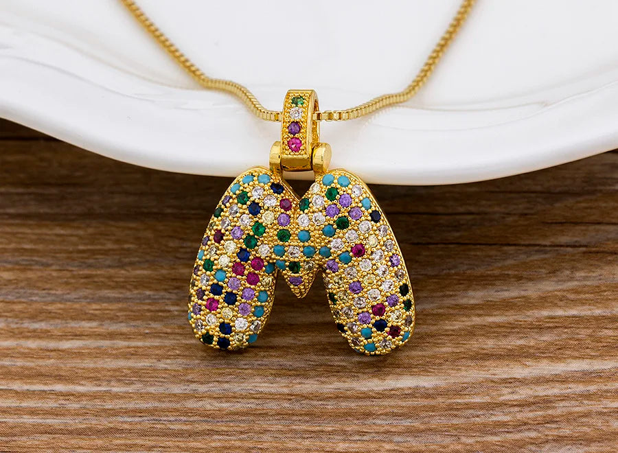 Nidin Fashion Luxury 26 Letters Copper Zircon Pendant Necklace for Women Rainbow Initials Name Necklace Wedding Party Jewelry