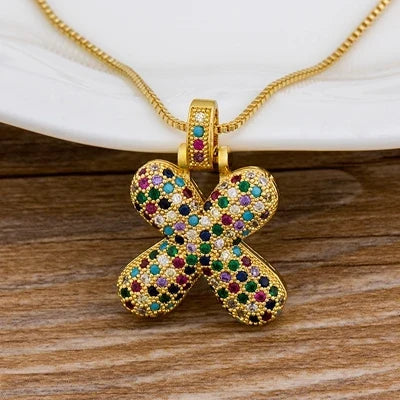Nidin Fashion Luxury 26 Letters Copper Zircon Pendant Necklace for Women Rainbow Initials Name Necklace Wedding Party Jewelry