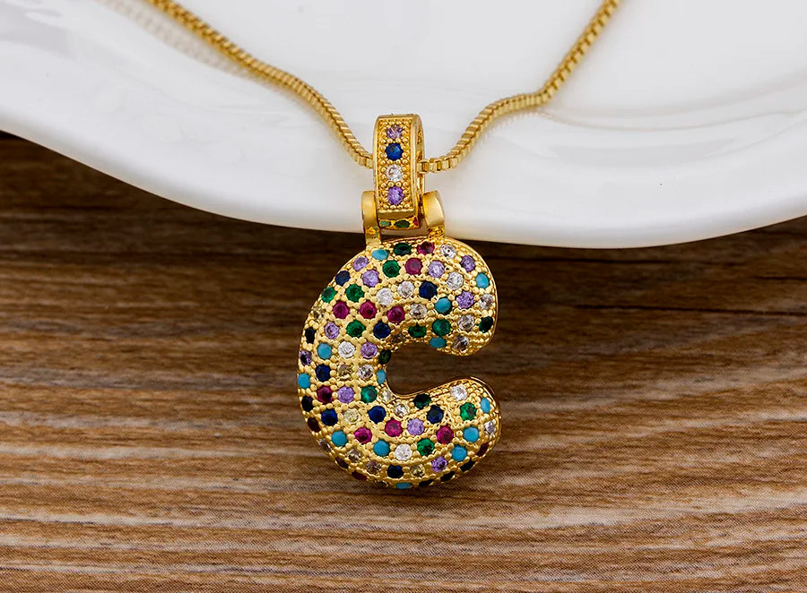 Nidin Fashion Luxury 26 Letters Copper Zircon Pendant Necklace for Women Rainbow Initials Name Necklace Wedding Party Jewelry