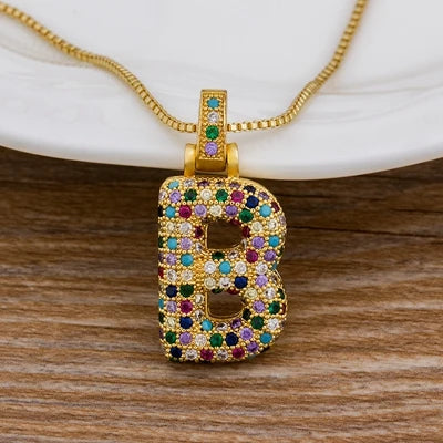 Nidin Fashion Luxury 26 Letters Copper Zircon Pendant Necklace for Women Rainbow Initials Name Necklace Wedding Party Jewelry
