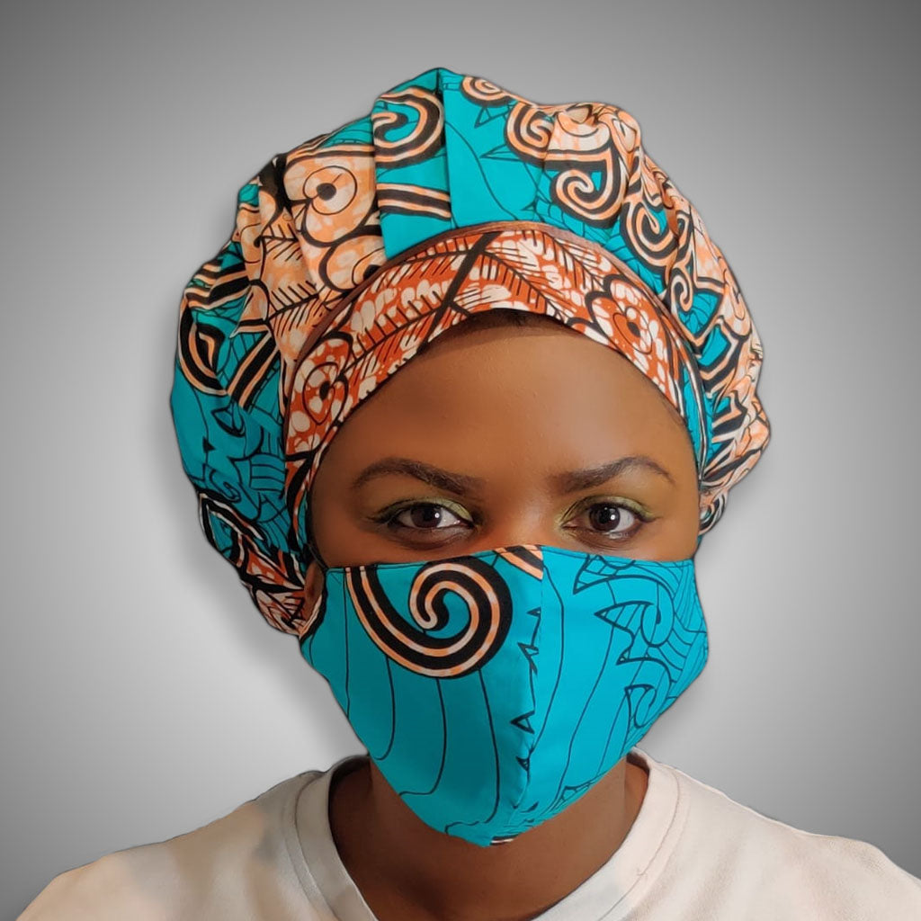 Kente Bonnet & Face Mask (Turquoise Aqua Blue)