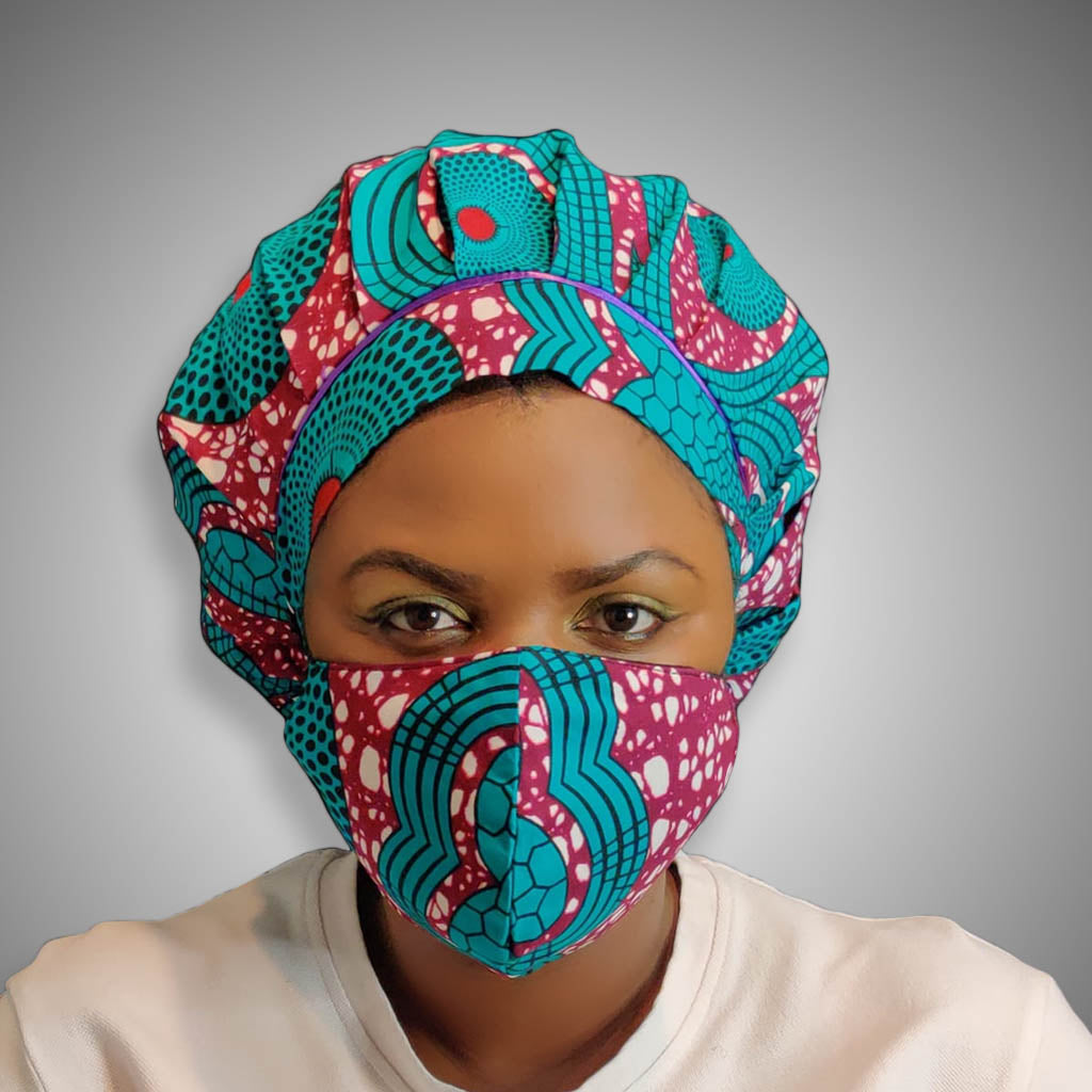 Kente Bonnet & Face Mask (Aqua Blue & Red)