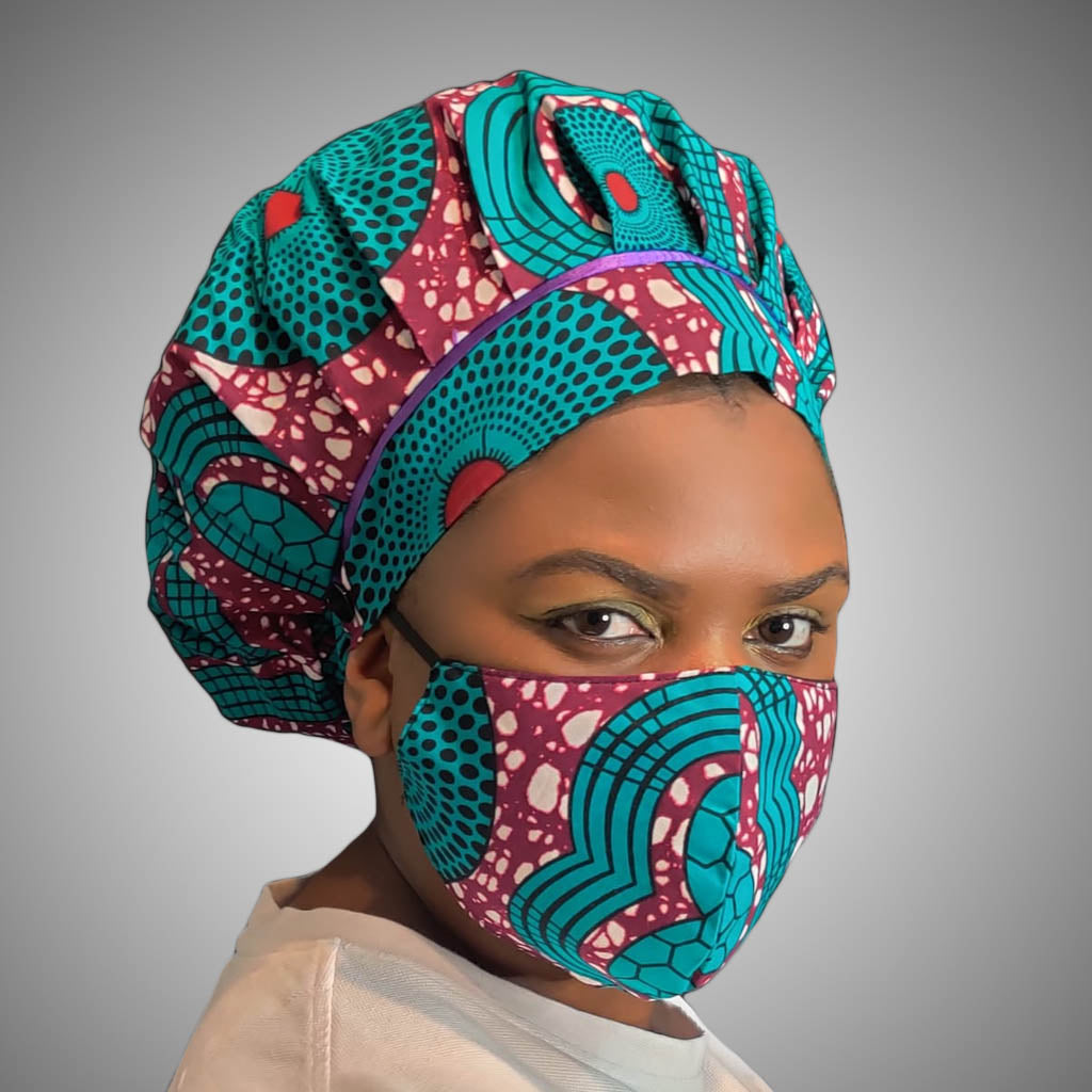 Kente Bonnet & Face Mask (Aqua Blue & Red)