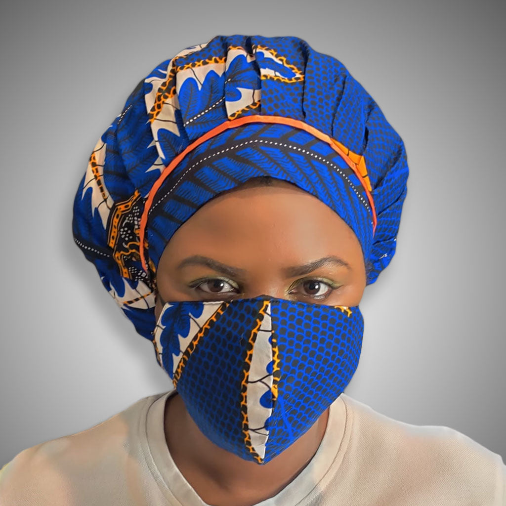 Kente Bonnet & Face Mask (Blue/Orange)