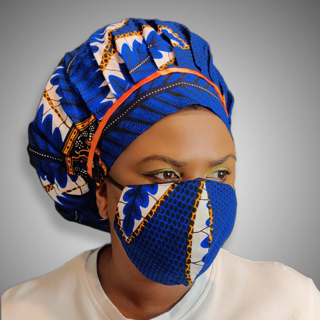 Kente Bonnet & Face Mask (Blue/Orange)