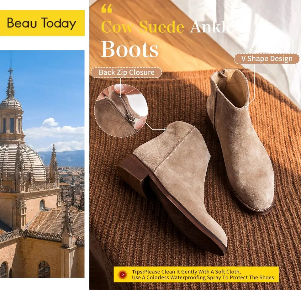 BEAUTODAY Suede Ankle Boots Women Soft Cow Leather Back Zip V-shape Ladies Autumn Winter Boots Handmade 03274