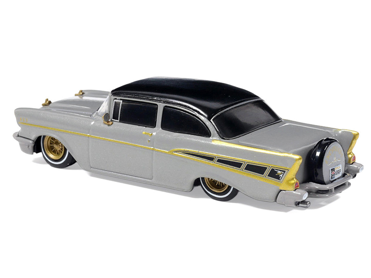 1957 Chevrolet Bel Air Lowrider Gray with Black Top and Gold Accents 1/64 Diecast Model Car by IXO Models