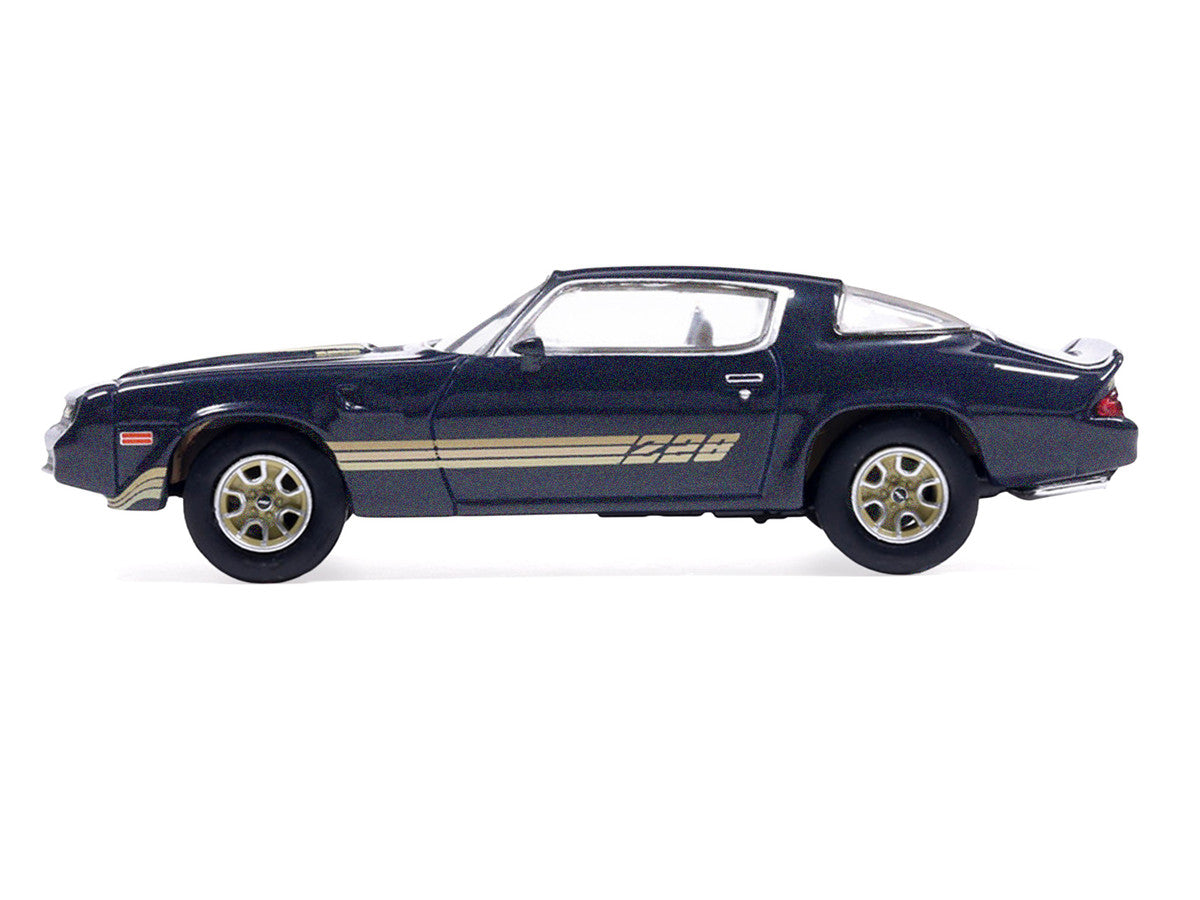 1981 Chevrolet Camaro Z28 Dark Blue Metallic with Gold Stripes and Interior 1/64 Diecast Model Car by IXO Models
