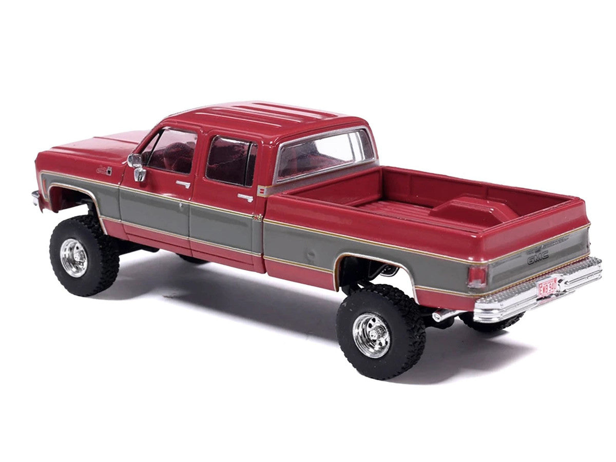 1977 GMC Sierra Grande K2500 Wideside Crew Cab Pickup Truck Dark Red Metallic with Gray Side Stripes 1/64 Diecast Model Car by IXO Models