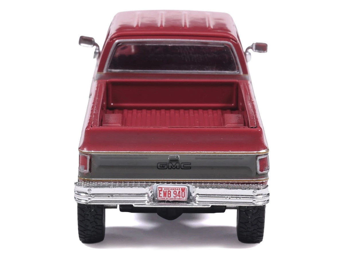 1977 GMC Sierra Grande K2500 Wideside Crew Cab Pickup Truck Dark Red Metallic with Gray Side Stripes 1/64 Diecast Model Car by IXO Models