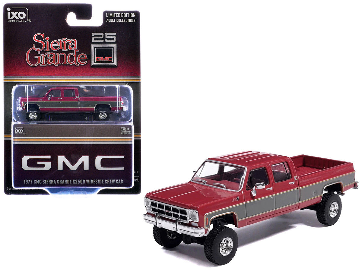 1977 GMC Sierra Grande K2500 Wideside Crew Cab Pickup Truck Dark Red Metallic with Gray Side Stripes 1/64 Diecast Model Car by IXO Models