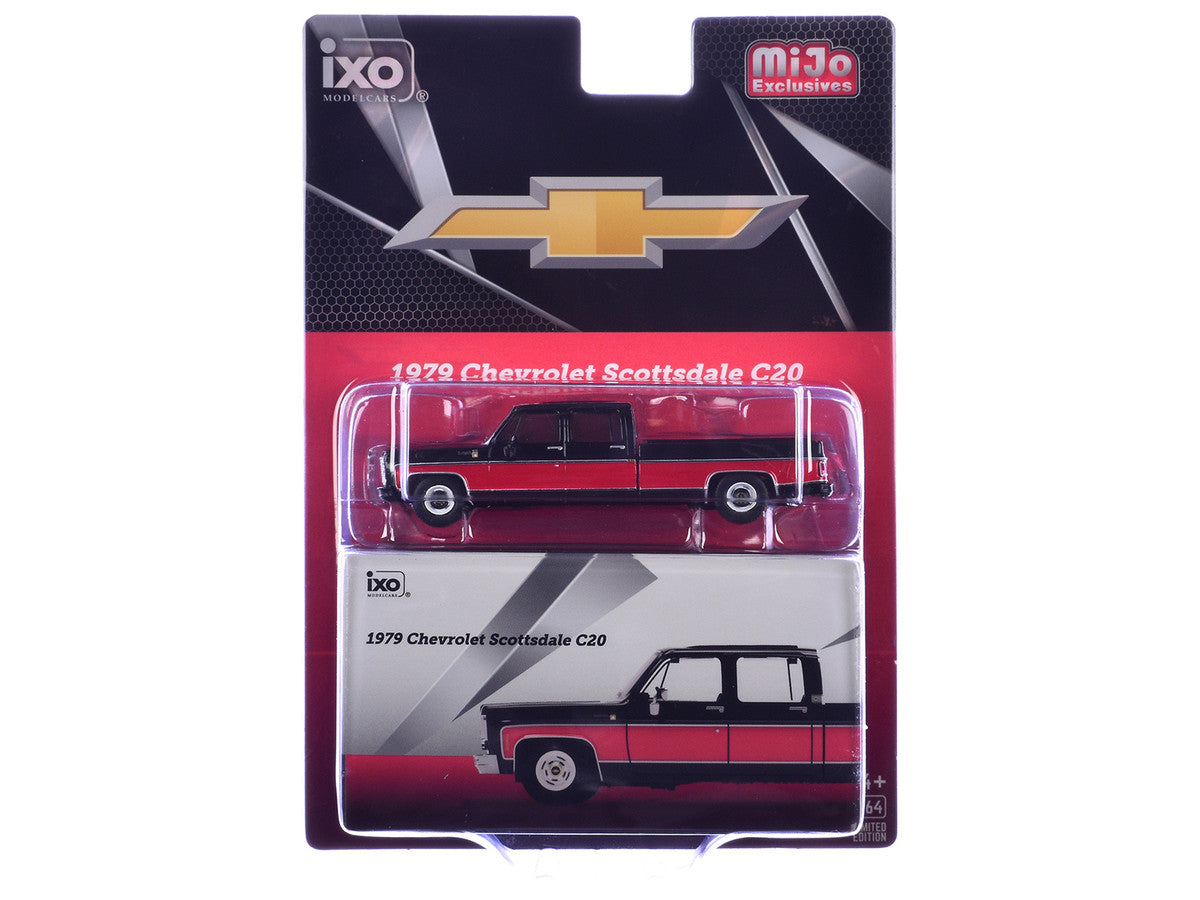 1979 Chevrolet Scottsdale C20 Crew Cab Pickup Truck Black with Red Side Stripes Limited Edition 1/64 Diecast Model Car by IXO Models