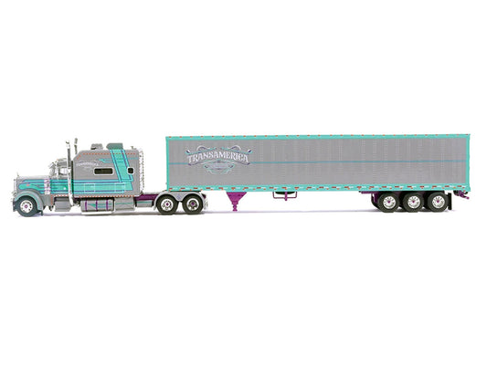 Peterbilt 379 Truck with Sleeper and Dry Goods Trailer "TransAmerica" Gray with Seafoam Green Graphics "J1 Diecast" Series 1/64 Diecast Model by IXO Models