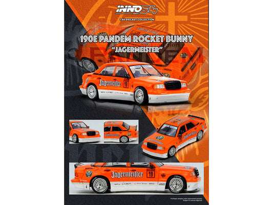 Pandem Rocket Bunny 190E #19 "Jagermeister" Orange and White 1/64 Diecast Model Car by Inno Models