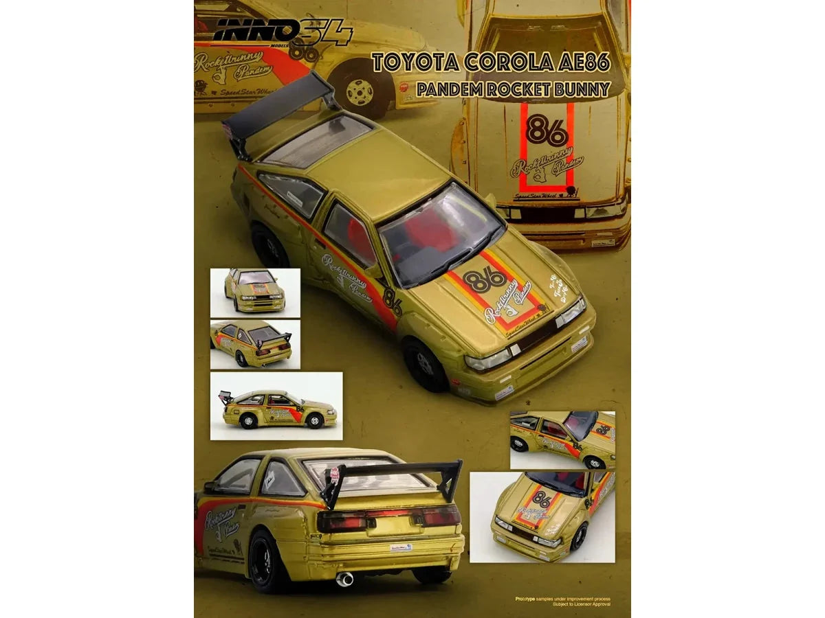 Toyota Levin (AE86) RHD (Right Hand Drive) #86 "Pandem Rocket Bunny" Gold Metallic with Stripes 1/64 Diecast Model Car by Inno Models