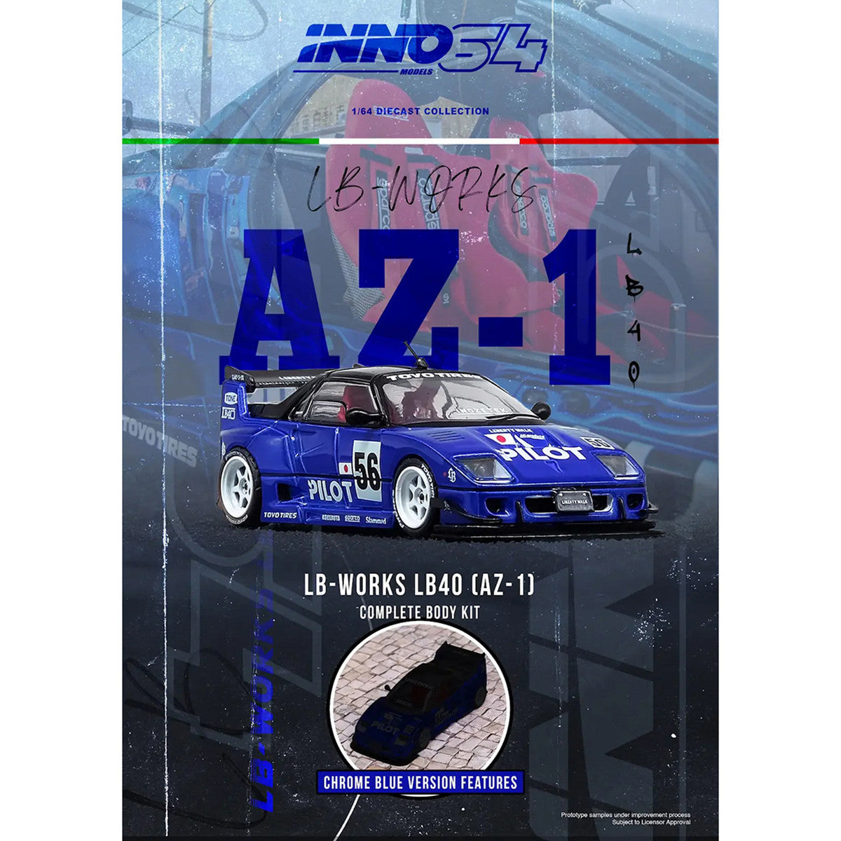 Mazda AZ-1 Liberty Walk LB40 RHD (Right Hand Drive) #56 "Pilot" Blue with Black Top 1/64 Diecast Model Car by Inno Models