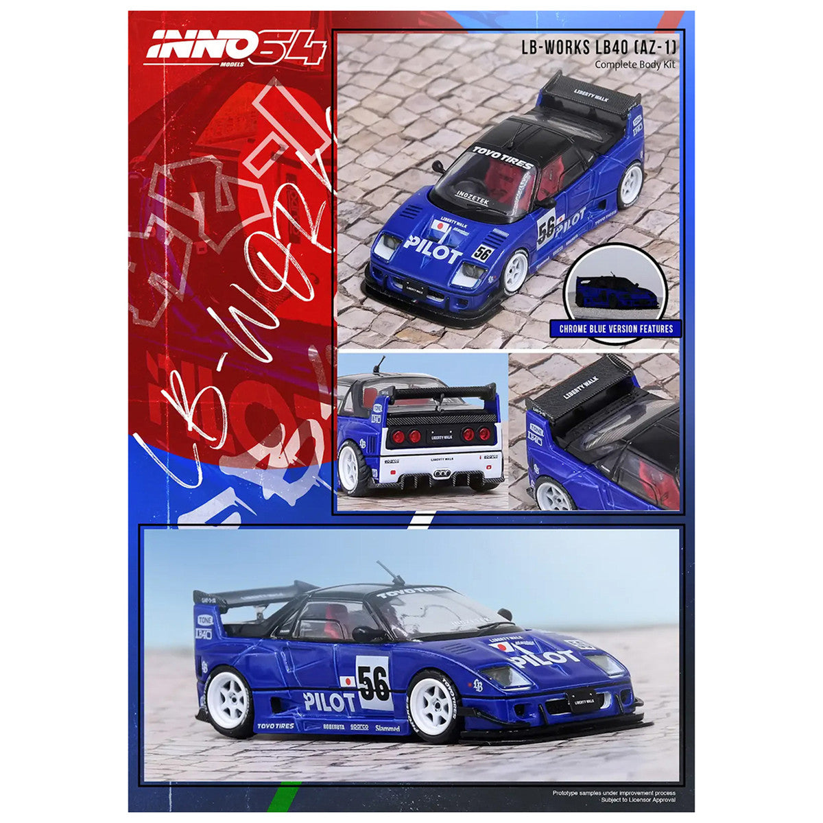 Mazda AZ-1 Liberty Walk LB40 RHD (Right Hand Drive) #56 "Pilot" Blue with Black Top 1/64 Diecast Model Car by Inno Models