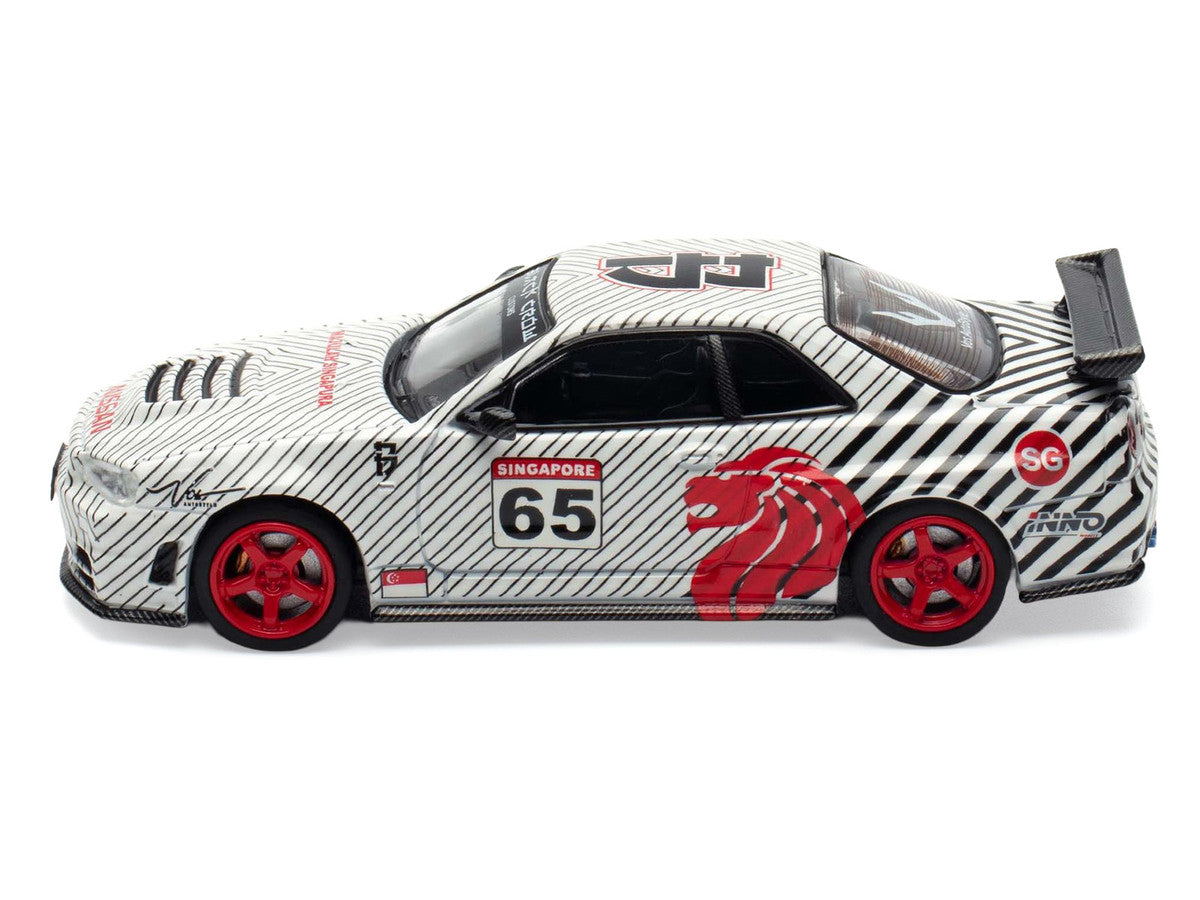 Nissan Skyline GT-R (R34) RHD (Right Hand Drive) #65 "Black Crow" White with Black Pinstripes "Singapore Diecast Expo 2025 Event Edition" 1/64 Diecast Model Car by Inno Models