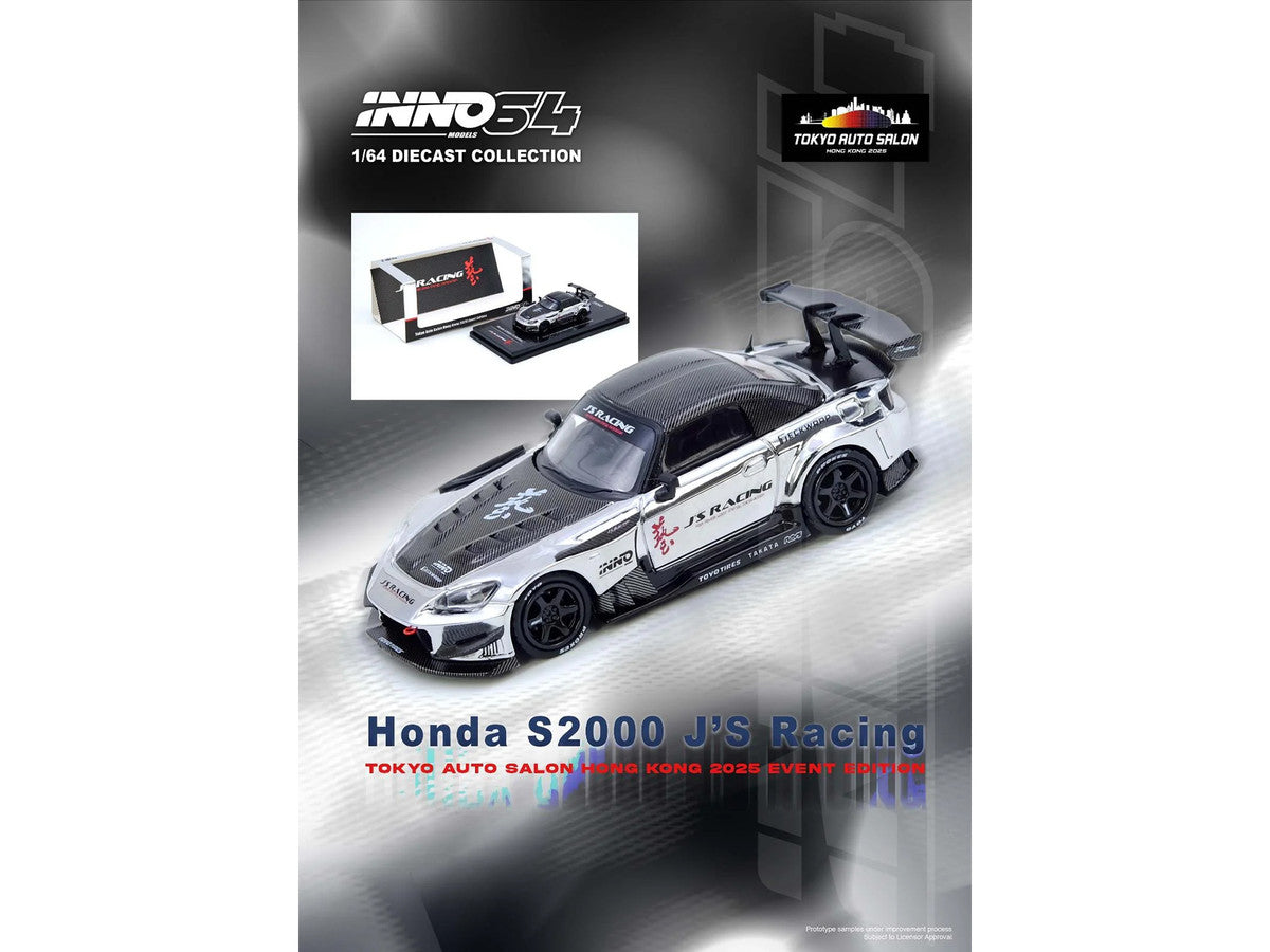 Honda S2000 RHD (Right Hand Drive) "J's Racing" Chrome Silver with Carbon Hood and Top with Graphics "Tokyo Auto Salon Hong Kong 2025 Event Edition" 1/64 Diecast Model Car by Inno Models
