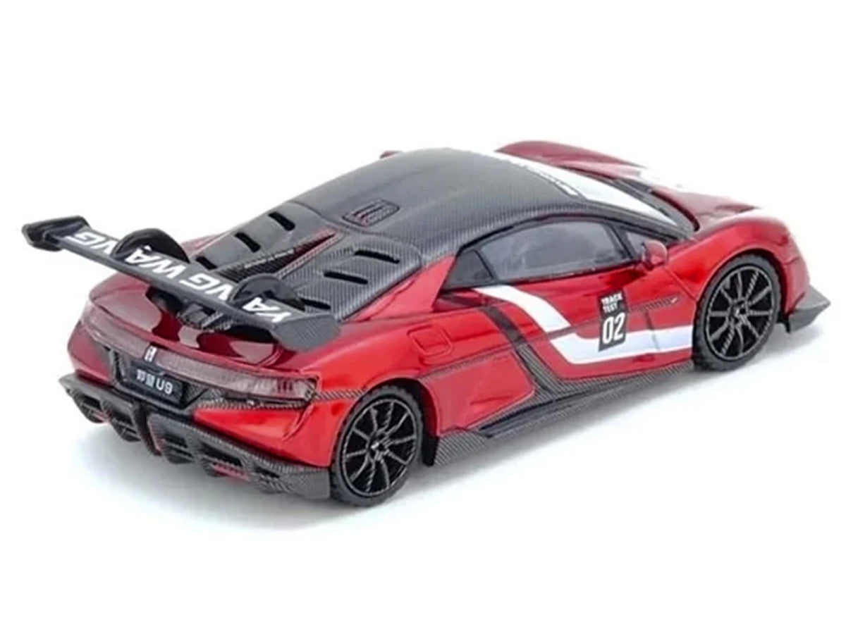 2025 Yangwang U9 Xtreme Test Car #02 Red Metallic with White Stripes and Carbon Top "World Fastest EV Supercar" 1/64 Diecast Model Car by Inno Models