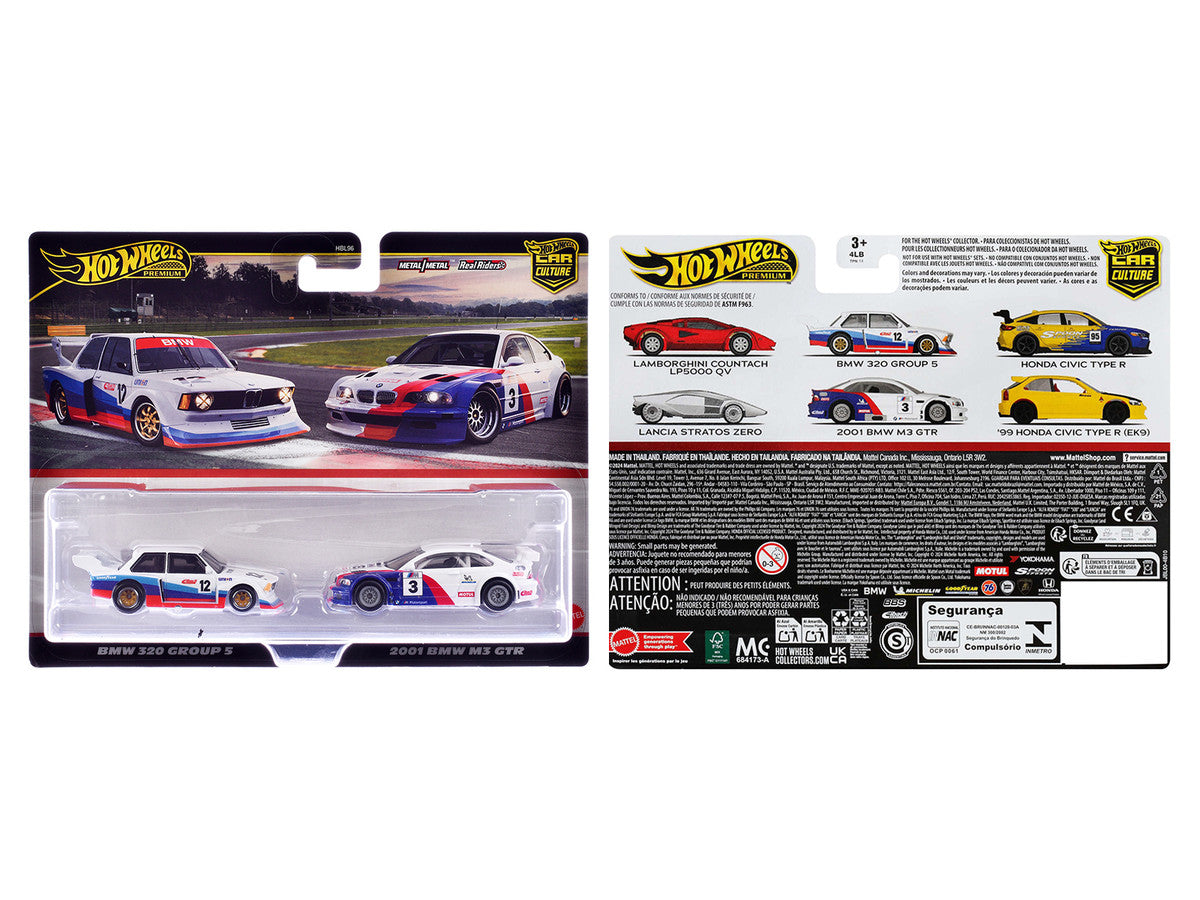 BMW 320 Group 5 #12 White with Stripes and 2001 BMW M3 GTR #3 White with Stripes "Car Culture" Set of 2 Cars Diecast Model Cars by Hot Wheels