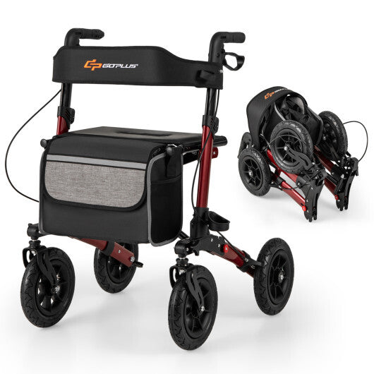 Goplus Walker for Seniors Folding Rollator Walker with 9" Pneumatic Tires for All Terrain Red