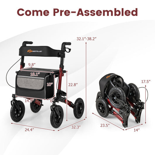 Goplus Walker for Seniors Folding Rollator Walker with 9" Pneumatic Tires for All Terrain Red